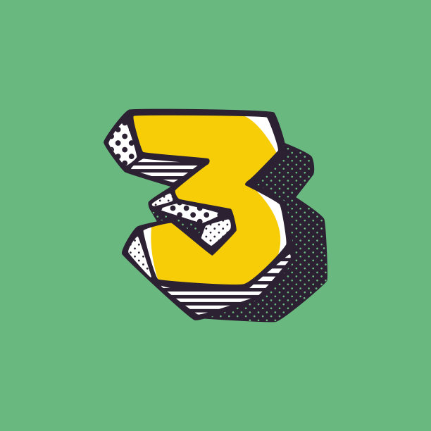 复古3d三号标志与波尔卡点和条纹图案的侧面。图片下载