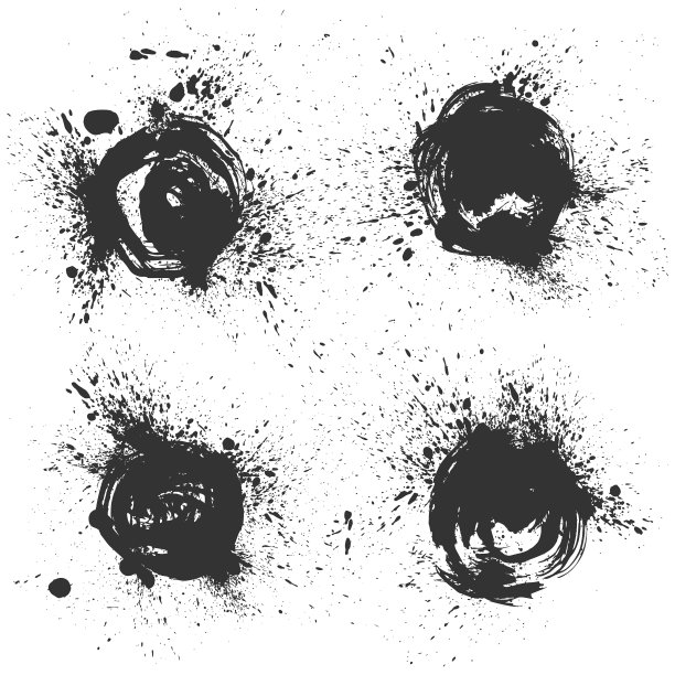 黑色颜料的圆形笔画，笔画，毛笔笔画，污渍和飞溅，肮脏的线条，粗糙的纹理，杯子和玻璃杯的印刷品。艺术设计元素。图片下载