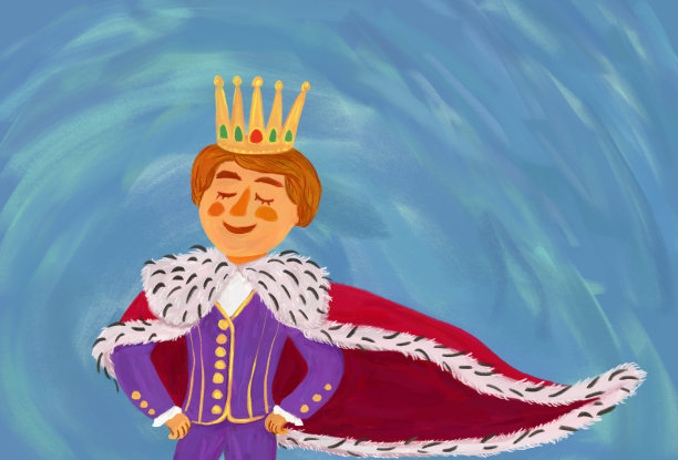 一个男人或男孩穿着国王的衣服，头上戴着皇冠，非常骄傲。象征胜利、权力或自恋、自私图片下载