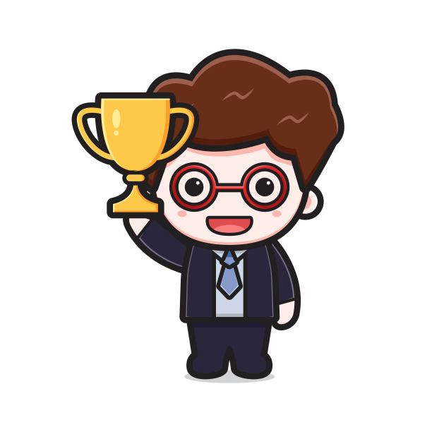 可爱的成功商人捧着奖杯卡通矢量图标插图。图片下载