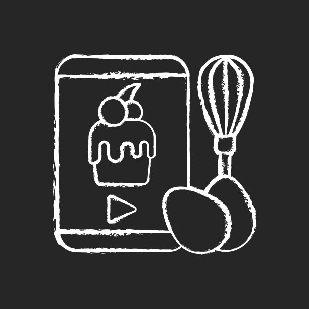 烹饪视频粉笔白色图标在黑暗的背景图片下载