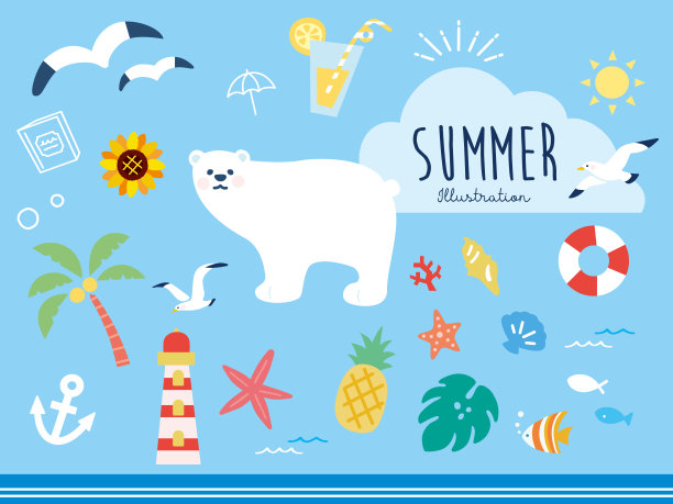 时尚和可爱的夏季主题插图(手写，热带，夏威夷，夏威夷，时尚，旅游，向日葵，北极熊)图片下载