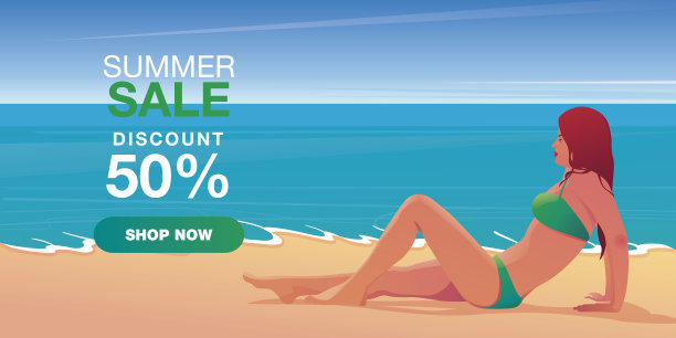 矢量动画。夏季销售横幅模板设计与女人穿比基尼坐在海滩插图图片下载