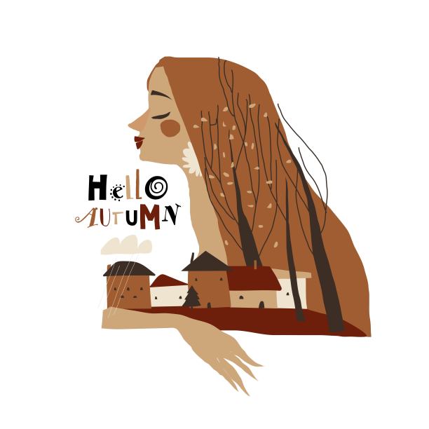 秋天插图与美丽的女人和小村庄在森林图片下载