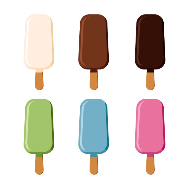 赛斯冰棒。冰淇淋放在一根木棍上，上面有各种各样的巧克力。不同口味的白巧克力、牛奶巧克力、黑巧克力和彩色巧克力。夏天清爽的甜点。图片下载