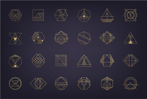 抽象几何图标的向量集。装饰艺术，潮人，金色线条风格。圆形、三角形、多边形等线性形状。阿兹特克，魔法，深奥的圣像，神圣的几何学图片下载
