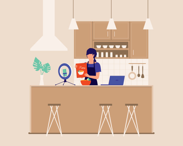 女厨师在网上宣传她的食谱。在线烹饪课程概念。矢量插图。图片下载