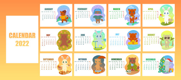 2022年日历模板与卡哇伊可爱的猫和兔子在不同的季节的图片图片下载