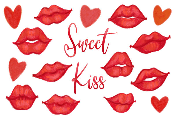 手绘蜡笔套。枯燥乏味的邮票插图。唇，吻，心的涂鸦收藏。爱的象征。在白色背景上孤立的心脏。婚礼或情人节的模板。图片下载