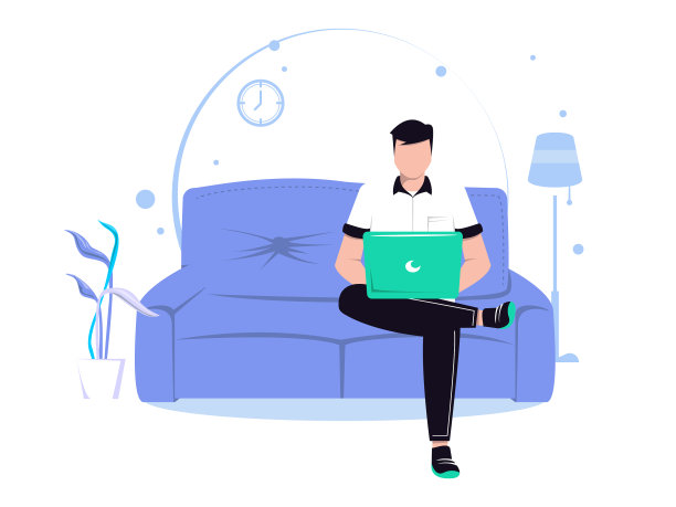 年轻人正拿着笔记本电脑坐在沙发上图片下载
