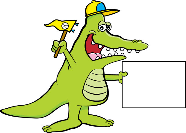 卡通短吻鳄戴着棒球帽，举着三角旗和标语。图片下载