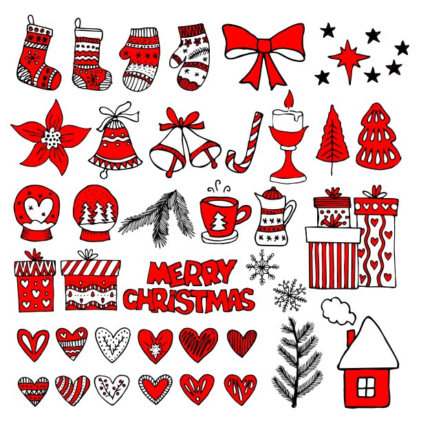 手绘圣诞礼物和盒子的冬季和假日插图。图片下载