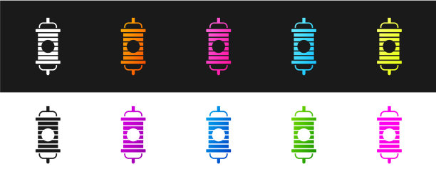 设置中国纸灯笼图标孤立在黑色图片下载