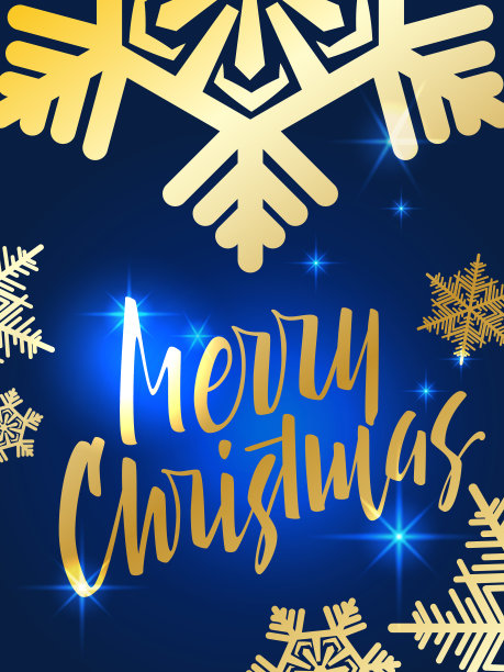 圣诞快乐刻字。手写的圣诞快乐海报。现代手写体在蓝色闪闪发光的背景与金色的星星和雪花。图片下载