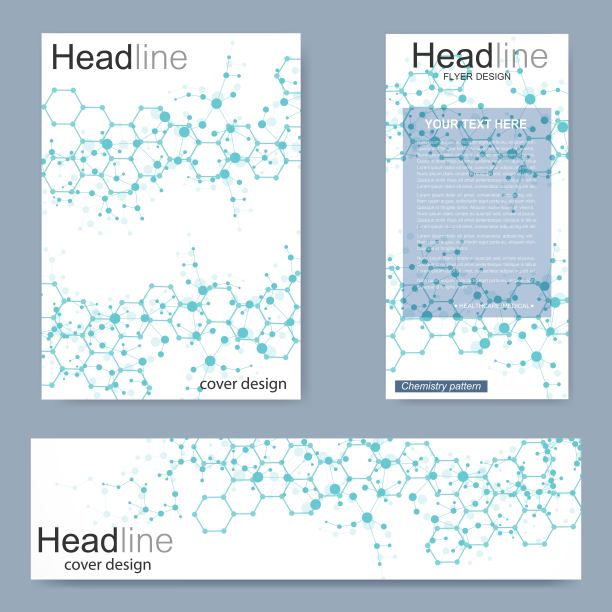科学的宣传册设计模板。矢量传单布局，分子结构与连接线和点。科学图案原子DNA与元素为杂志，传单，封面，海报设计。图片下载