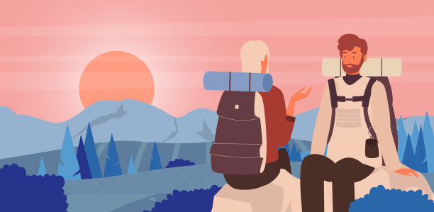 一对夫妇在山上欣赏日落图片下载