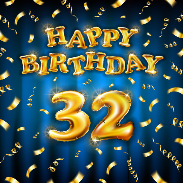 金色数字32金属气球快乐图片下载