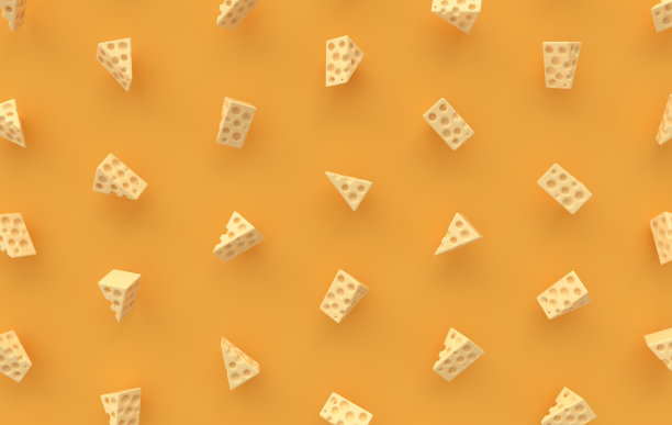 黄色背景3d渲染大量的maasdam奶酪块。一堆玩具奶酪片图片下载