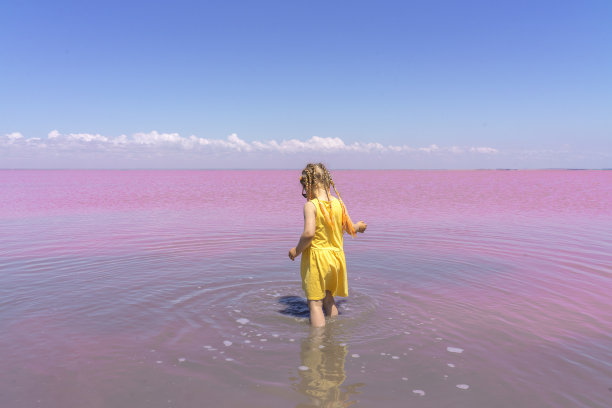 一个穿着黄色连衣裙的小女孩沿着粉红色的湖岸走着图片下载