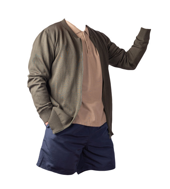 男飞行员夹克，衬衫和运动短裤孤立在白色背景。图片下载