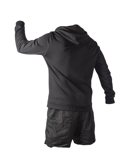 带有铁拉链和兜帽的运动衫和运动短裤孤立在白色背景上。休闲运动服装图片下载