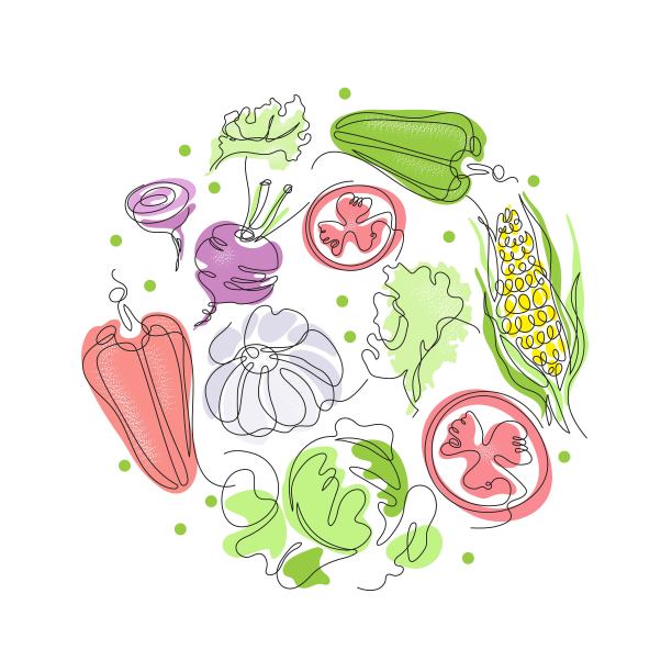 蔬菜用单线画。轮组成。素食菜单。图片下载