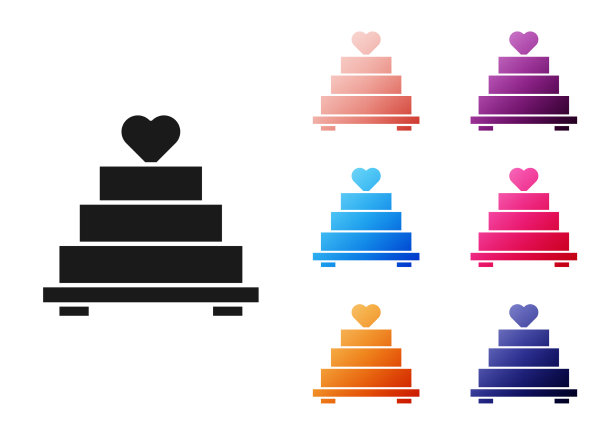 黑色婚礼蛋糕与心的图标孤立上图片下载