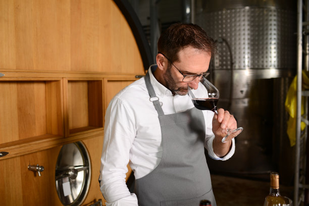 一个成熟男子的肖像，一个在酒窖里用木桶品尝葡萄酒的专家图片下载