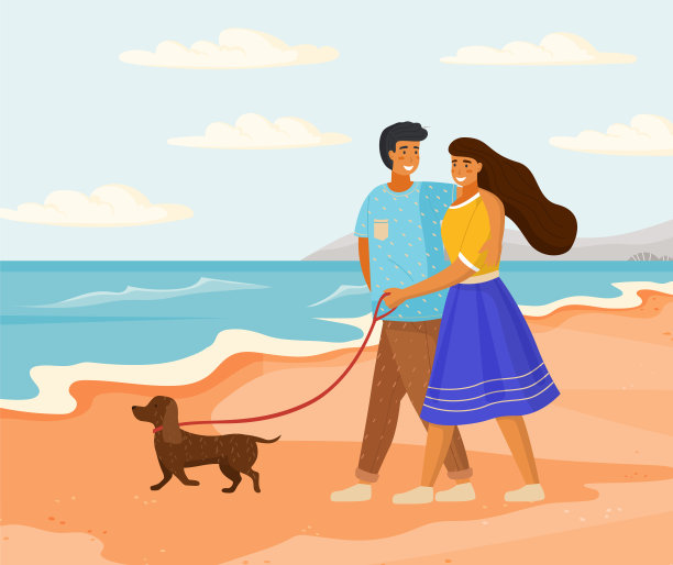 一对情侣在海边的沙滩上手拉手散步。主人与小狗花时间在海滩上图片下载