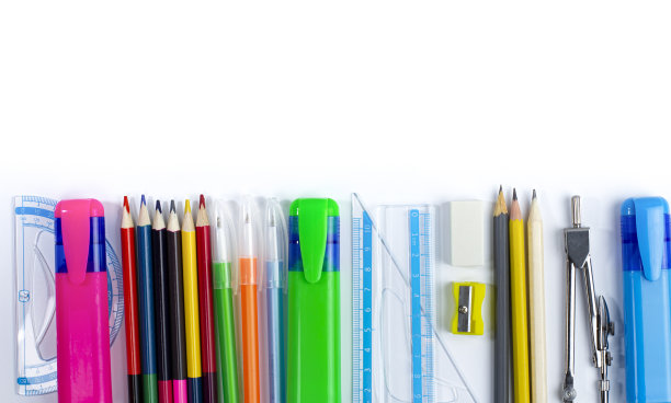 从学校或办公用品边境上学习白色。俯视图，平放，文本的位置，复制空间。图片下载