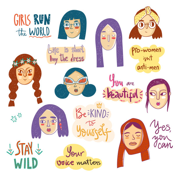 现代女孩涂鸦集与手写。不同的女人以简单的风格面对。图片下载