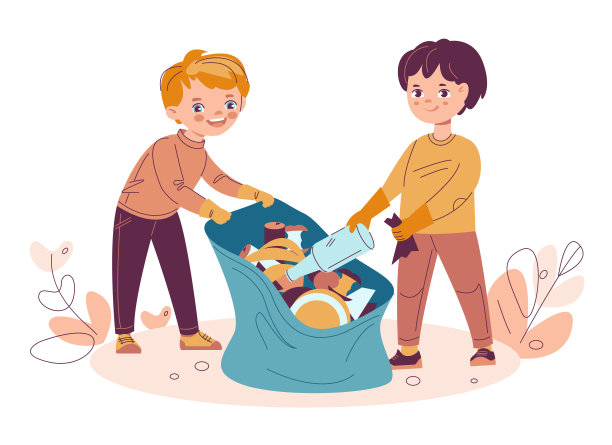 两个男孩用垃圾袋收集垃圾。垃圾回收自然清洁理念。矢量插图在平面卡通风格。孤立在白色背景上。图片下载