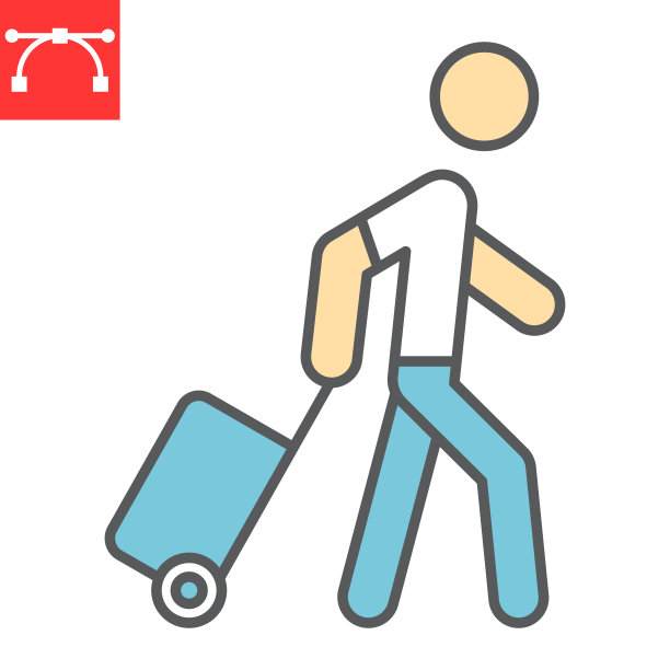 人拉行李彩色线图标，移民和游客，乘客与滚动袋矢量图标，矢量图形，可编辑笔画填充轮廓标志，eps 10。图片下载