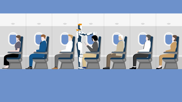 电子人是未来人们日常生活的一部分。机器人是一架有人类乘客的飞机上的乘务员。交通、旅游和科技理念取代和更替空中小姐的职业生涯。图片下载