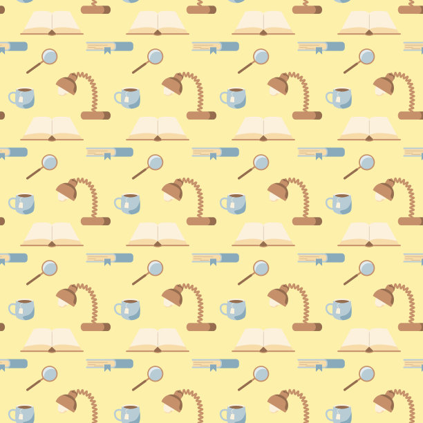 无缝模式与办公工具教育，书写用具，文具，台灯，书，放大镜，茶杯上的黄色背景图片下载