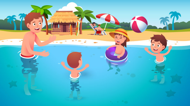 快乐的女孩，男孩孩子，男人喜欢玩沙滩球游戏游泳与环在海水。孩子们和父亲一起在夏天的海洋里玩。家庭度假平面风格矢量插图图片下载