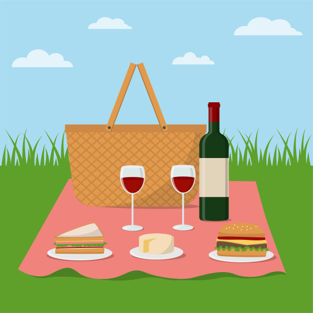 野餐场景有草篮，葡萄酒，奶酪，汉堡和三明治。图片下载