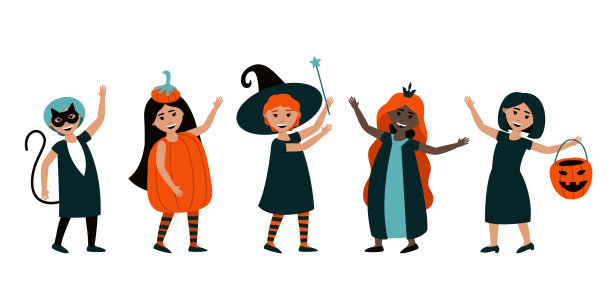 一组穿着万圣节服装的孤立的孩子图片下载