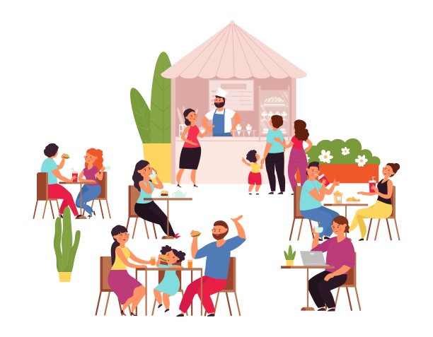 户外咖啡馆。夏天公园的桌子上，女孩喝着咖啡。食物和交谈，公寓夫妇在餐厅午餐。卡通阳台酒吧体面向量概念图片下载