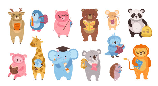 聪明的动物。可爱的动物老师，猫头鹰在学校学习。卡通教育书籍中的人物为小孩子。有趣的猪熊熊猫精确矢量剪贴画图片下载