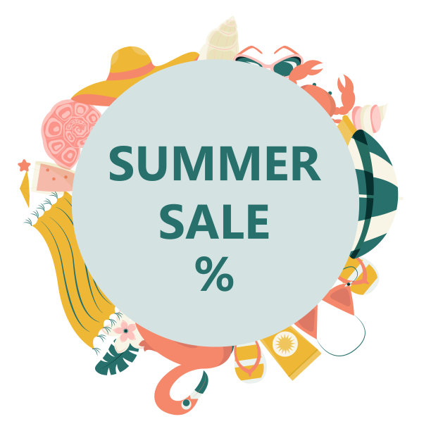 向量夏季夏季销售横幅。夏日沙滩元素:比基尼、人字拖、游泳圈、躺椅、眼镜。平面卡通矢量插图。圈组成。季节折扣声明。社交媒体贴纸。图片下载