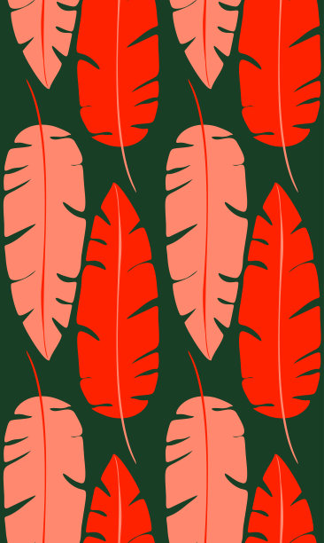 与绿色背景上的红色芭蕉叶轮廓形成鲜明对比。热带的纹理。丛林树叶墙纸。图片下载