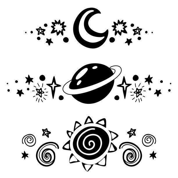 一组有星星、太阳、新月和行星的太空人。矢量空间设计元素。为文章，邀请和卡片的婴儿宇宙文本分隔符的黑色剪影。图片下载