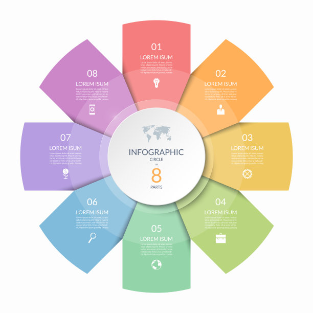 信息图圈，流程图，周期图8步，零件。八步矢量模板的商业信息图，报告，演示，小册子。图片下载