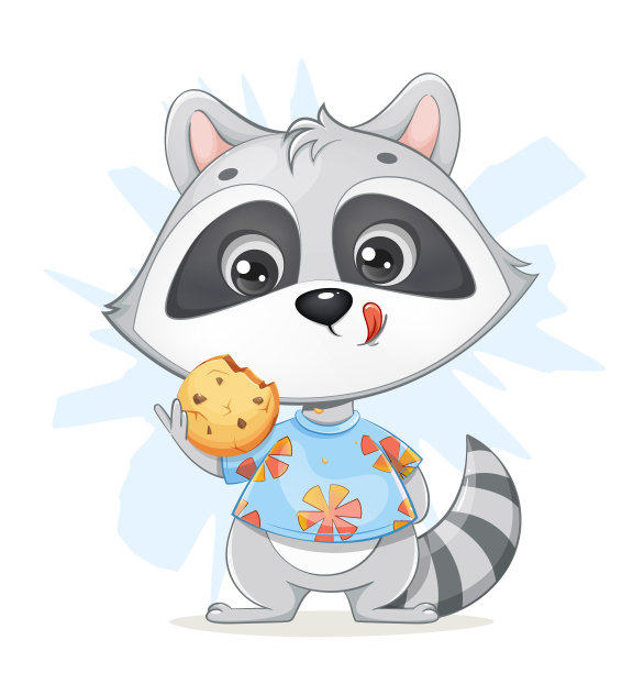 可爱的小浣熊拿着美味的饼干图片下载