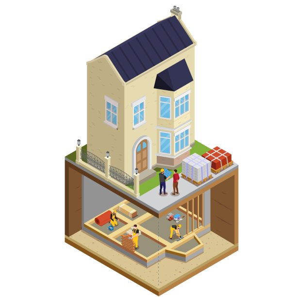 矢量等距房屋和地下室建筑。图片下载