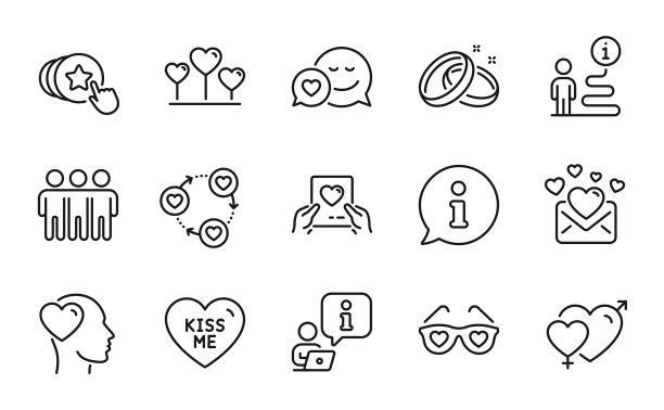 爱的图标集。包括图标为约会，抱着心，吻我。向量图片下载