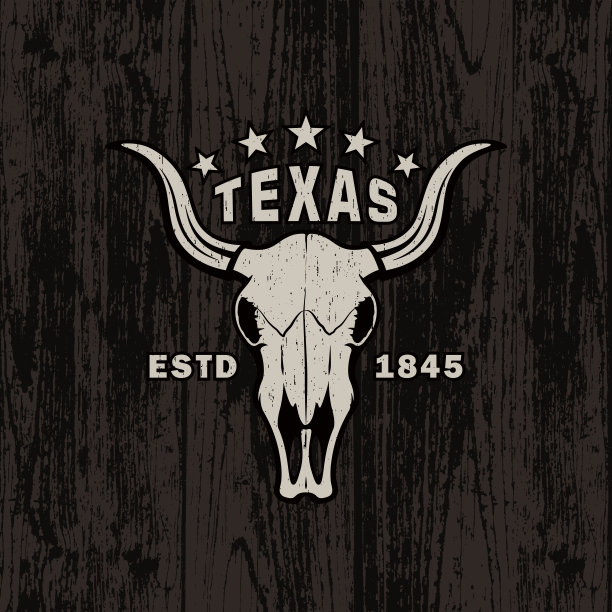 彩色插图的公牛头骨，文字和星星的背景与木材纹理。图片下载