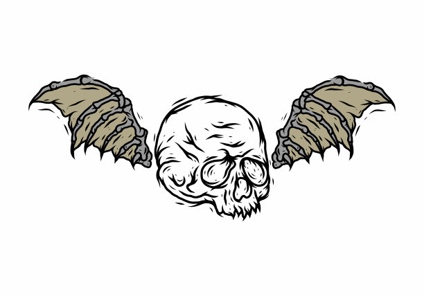 线条画骷髅头和翅膀图片下载
