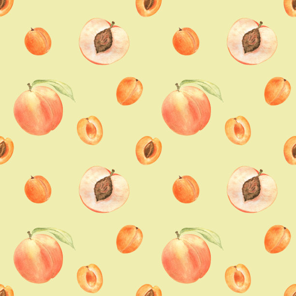 杏子和桃子在浅绿色的背景。无缝图案，手绘水彩元素。图片下载